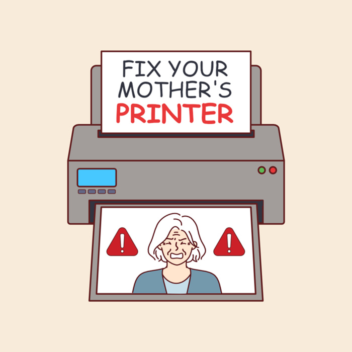 Fix Your Mother's Printer. The title is on a sheet of paper loaded in a printer. An image of a frustrated old woman is displayed in the printer tray.