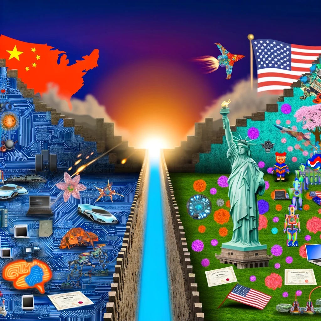 Visualize a detailed scene showing a dramatic competition between China and the United States in the realm of artificial intelligence development. This image should vividly illustrate the concept of rivalry, with two distinct sides represented by iconic symbols of each country - the Great Wall for China and the Statue of Liberty for the United States. Between them, a vast field of technology and education symbols, such as microchips, robots, AI brain graphics, and educational diplomas, indicating the battlefield of AI talent development. The Chinese side is filled with more vibrant energy and symbols of rapid growth, such as rockets and blossoming trees, showing their acceleration in the field. Meanwhile, the American side, while also technologically advanced, shows signs of struggling to keep the pace, with fewer symbols of rapid growth. The overall mood should capture the intense competition and strategic importance of leading in AI, with a focus on innovation and the future of technology.