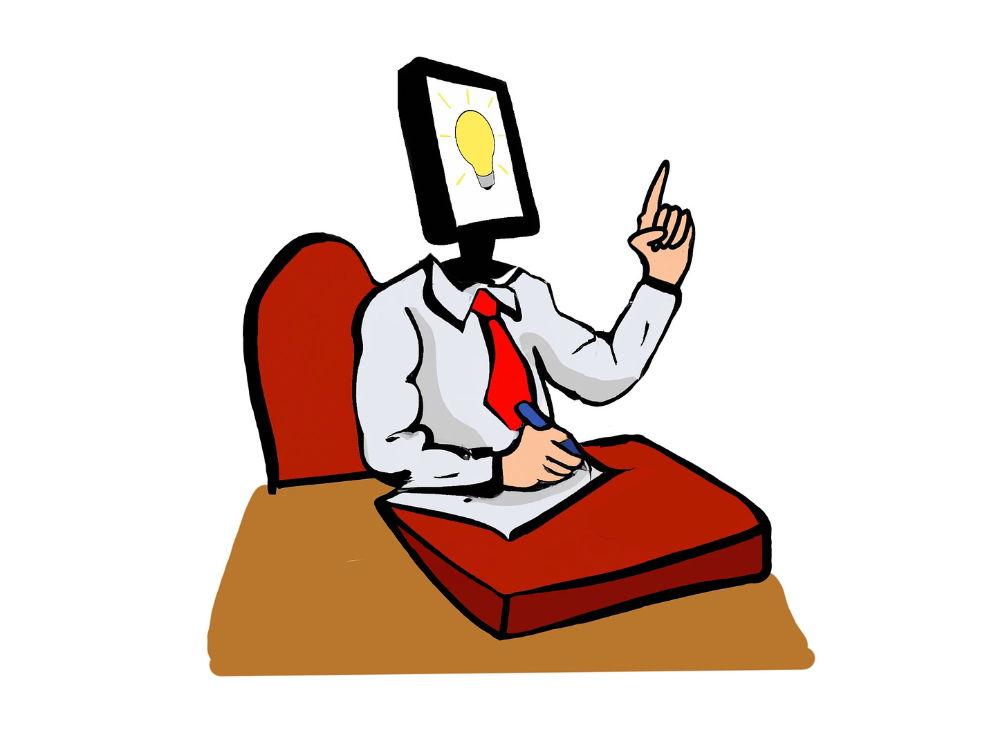 A cartoon drawing of a person with a computer monitor for a head. The person has sat down to write on paper.