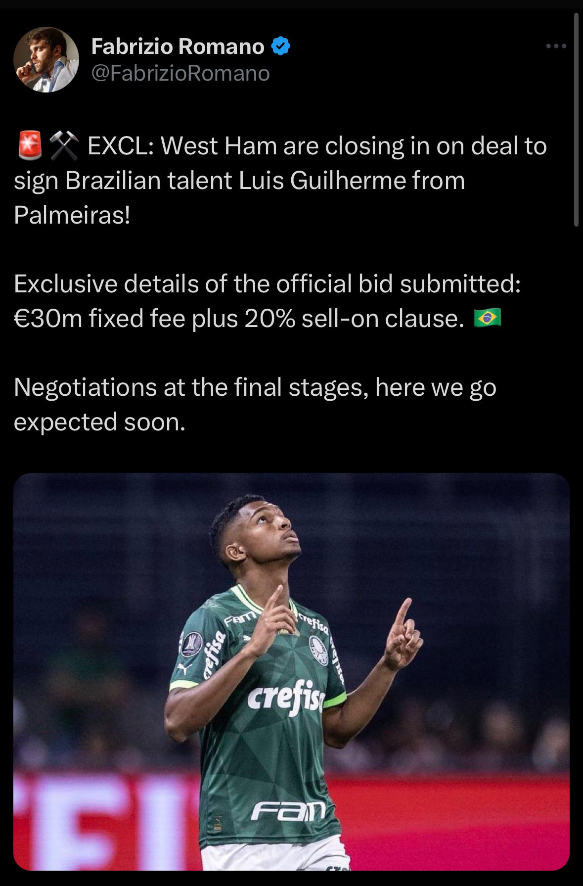 A tweet by Fabrizio Romano on Luis Guilherme impending move to West Ham.