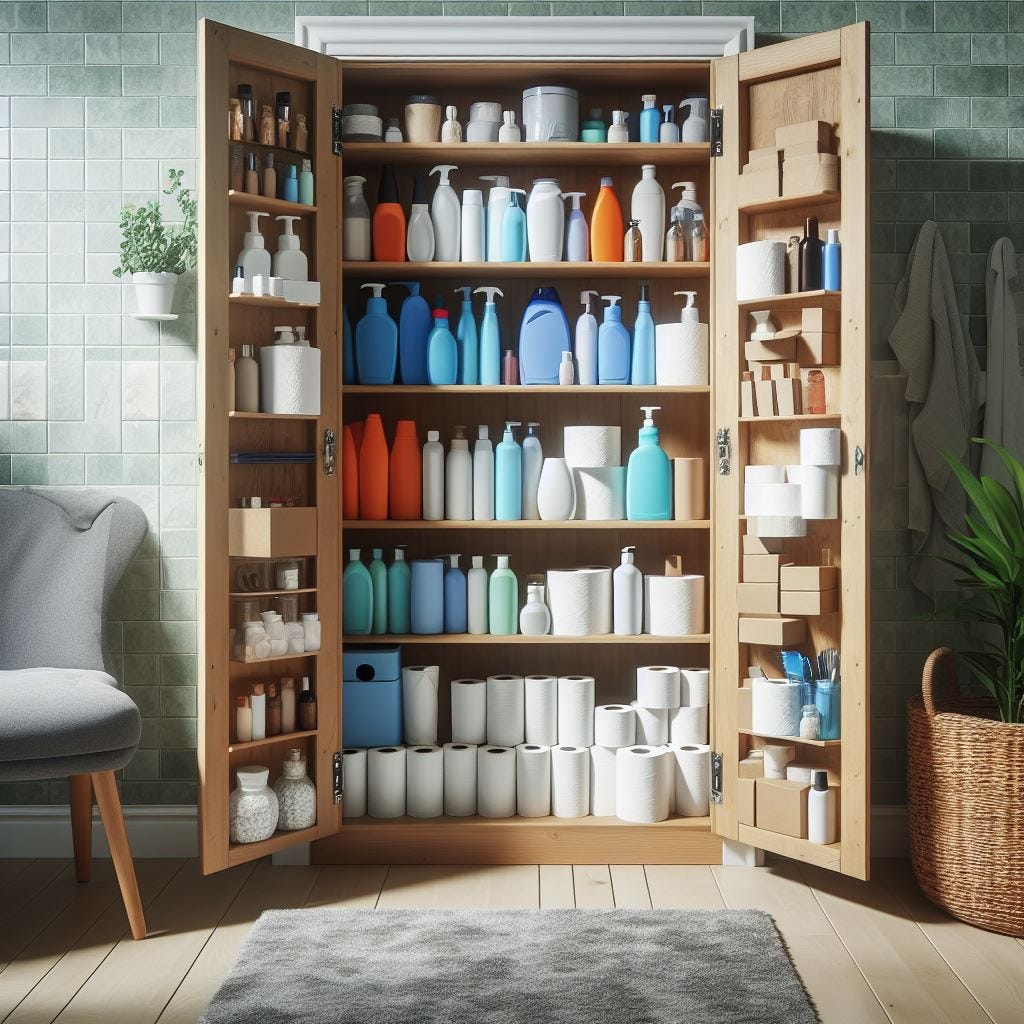 A large cupboard filled with bulk buys such as toilet rolls, paper towels, soap, and shampoo.