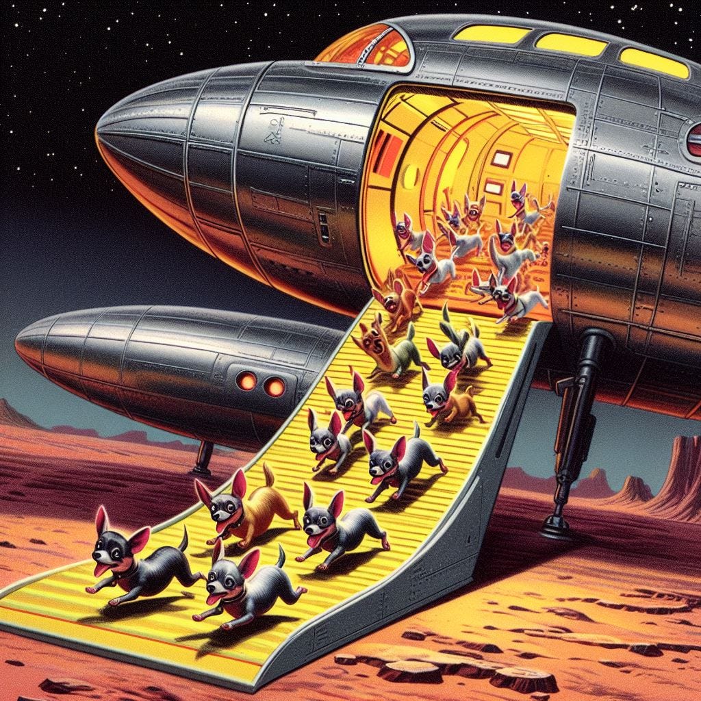 A 50's style rocket ship on an alien planet. THe image is a close up of the hatch, which is open, with a ramp descending. A pack of chiweenies are gleefully running down the ramp, tumbling over each other in excitement. Done in a cartoon style.