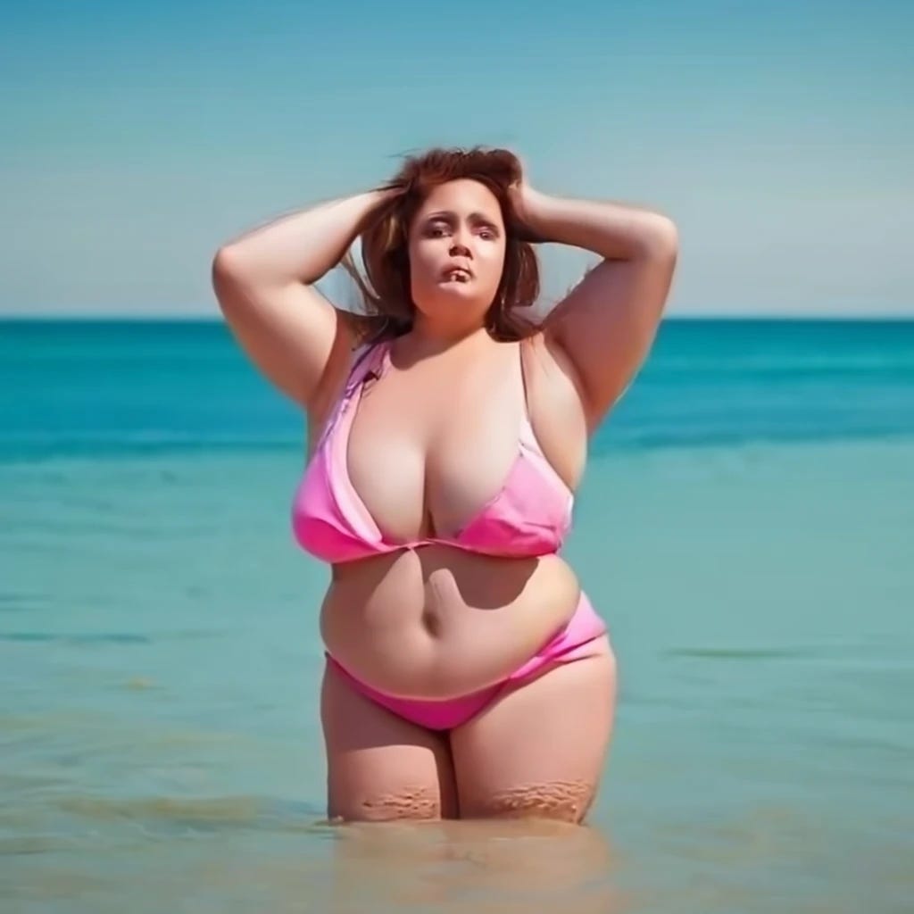 beautiful chubby woman on beach wearing bikini with clearly defined face