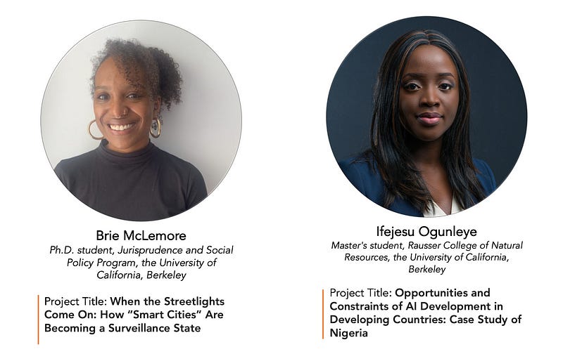 Photos of 2021 Technology and Human Rights Fellows: Brie McLemore (left) and Ifejesu Ogunleye (right)