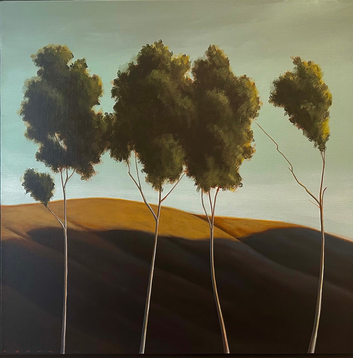 A painting of trees on a hill

Description automatically generated