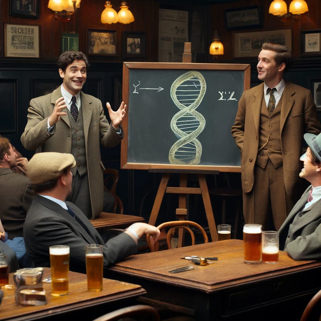 A historical scene in a traditional English pub with dark wood furnishings and brass accents. Two men, one tall with dark hair and the other slightly shorter with light hair, stand near a chalkboard that has a DNA double helix drawn on it. They are excitedly announcing their discovery to a small group of intrigued patrons, who are a mix of men and women in 1950s attire. The pub is cozy, with dim lighting and pint glasses on the tables. The men are dressed in mid-20th century academic attire.