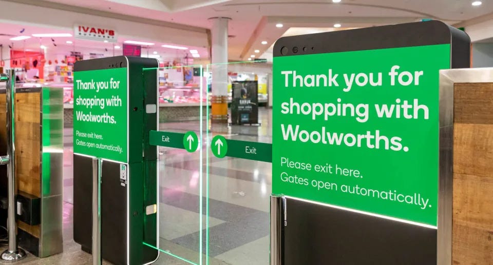 A photo of the smart gates at a Woolworths store.