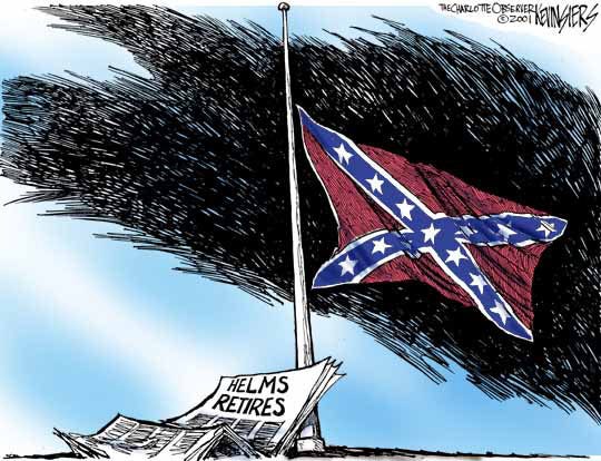 A political cartoon of the Confederate flag at half-mast, a newspaper is depicted with the headline "Helms retires"