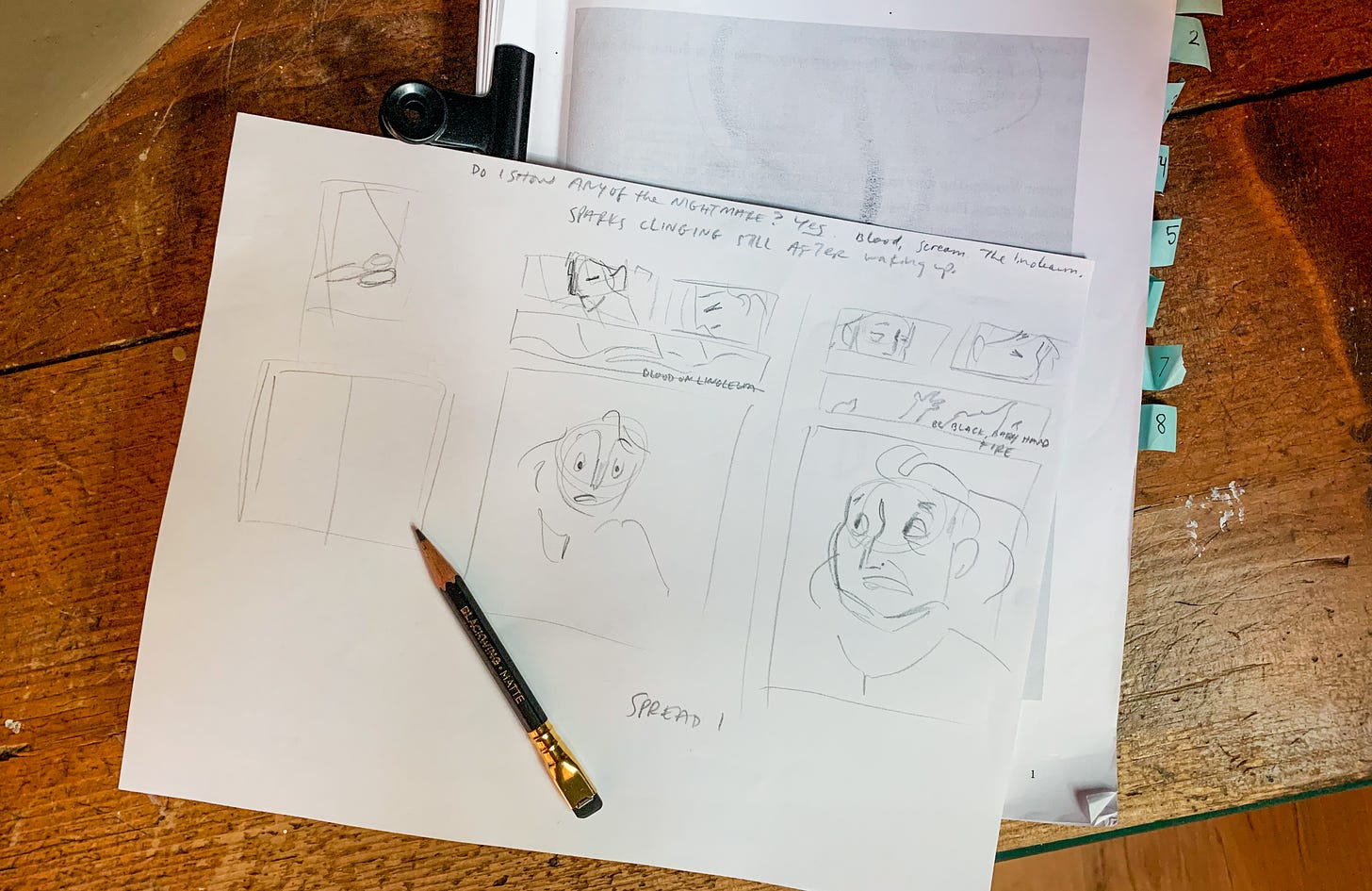 Photo of Gracie's sketch for a spread from Chapter 2, broken up into panels.