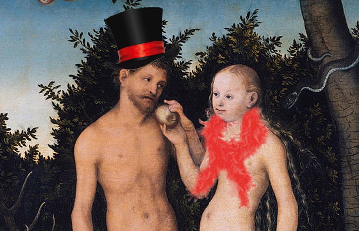 An illustration of Adam and Eve, with Adam wearing a top hat and Eve wearing a red feather boa