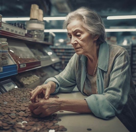 AI image of old lady surrounded by a million coins