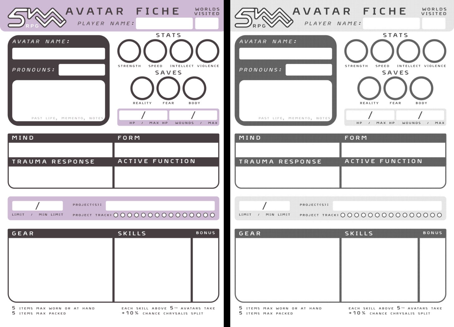 two character sheets, one in color, one grayscale and printable.