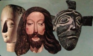 The Faces of Jesus, with text by Frederick Buechner, left to right: 18th C Ivory Head of Christ, Mexico; medieval wood carving detail, Metropolitan Museum of Art, N.Y.; 11th C bronze relief, door of the San Zeno Cathedral, Verona.