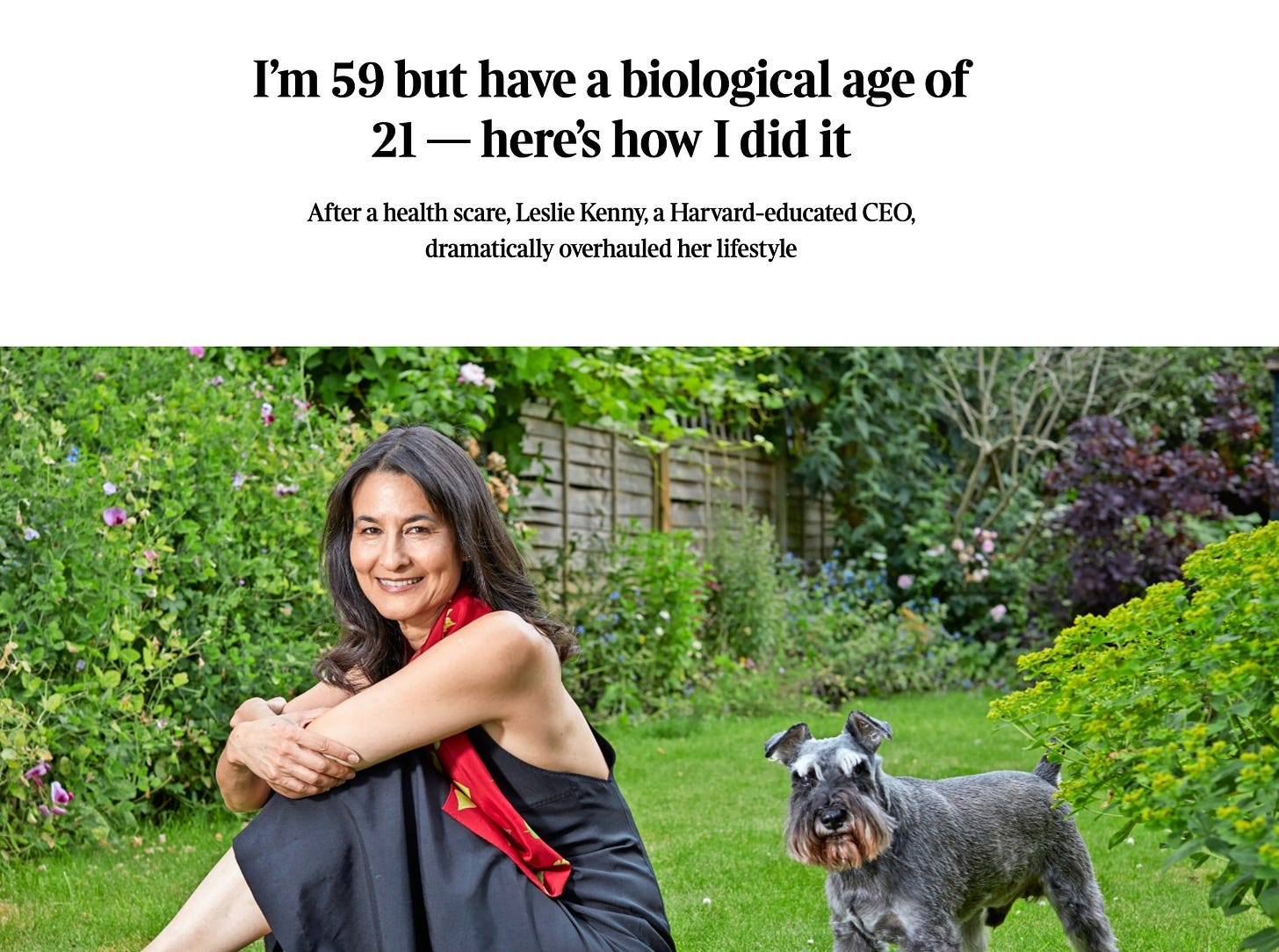 Headline and subhead that read "I’m 59 but have a biological age of 21 — here’s how I did it After a health scare, Leslie Kenny, a Harvard-educated CEO, dramatically overhauled her lifestyle." There's also an image of a woman seated on the grass, smiling, with a schnauzer behind her