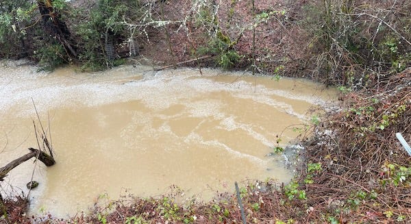 Lines of foam on latte colored muddy pond indicate flow of water coming in