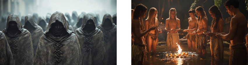 Two images depicting ritualistic gatherings in contrasting atmospheres. The left image shows a group of hooded figures in dark, weathered cloaks, their faces obscured, standing in tight formation under a misty, somber light, creating an ominous and mysterious effect. The right image features a group of people dressed in minimal, earthy attire, standing around a fire pit encircled by stones and surrounded by water. Each holds a small stick or tool, suggesting participation in a ceremonial or communal activity, with a warm, natural ambiance.