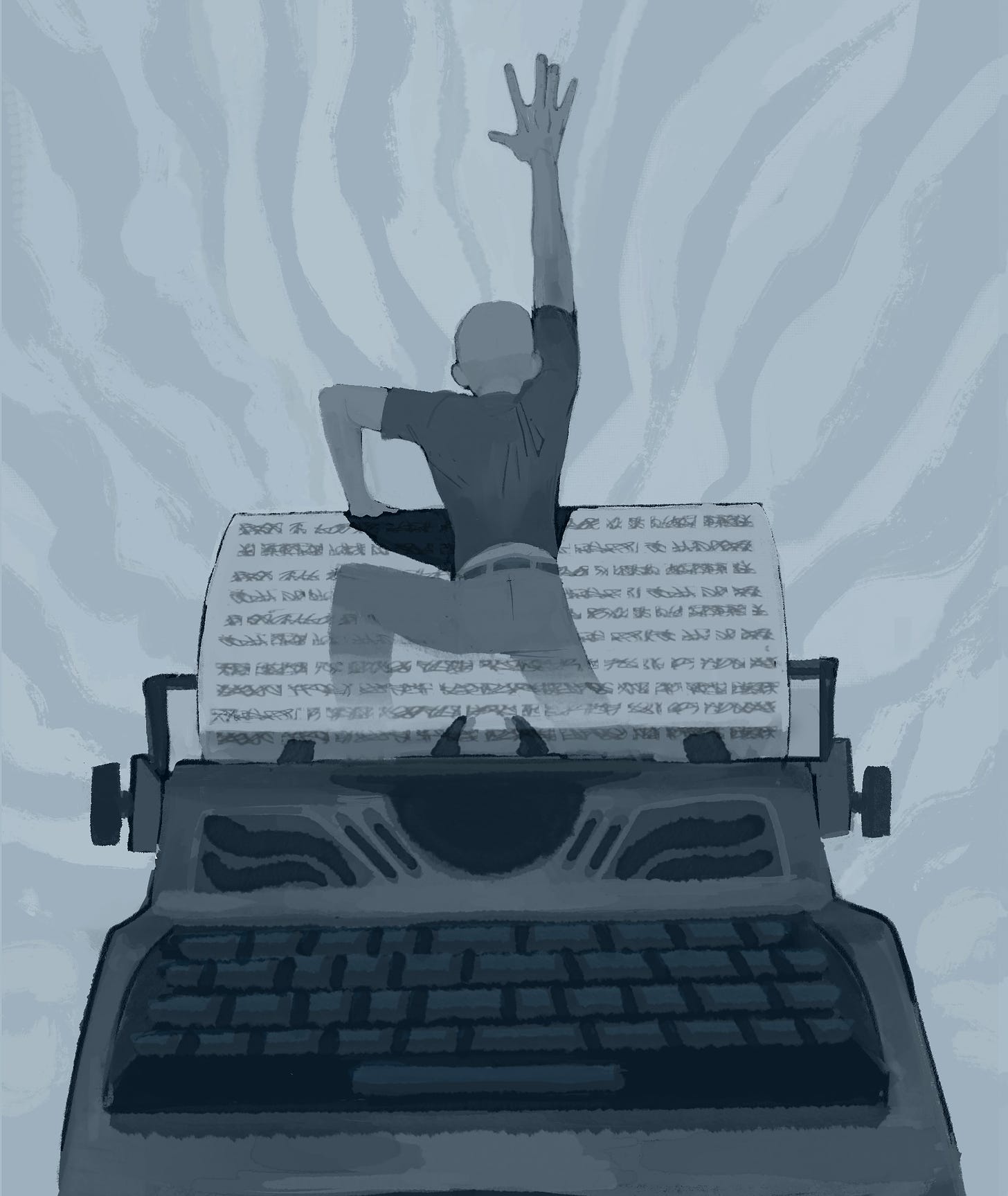 The cover art for Death of the Author, drawn by Victor Winter. Shows a person pulling themselves out of a page on a typewriter, reaching towards the sky. The person appears to be fading into the page.