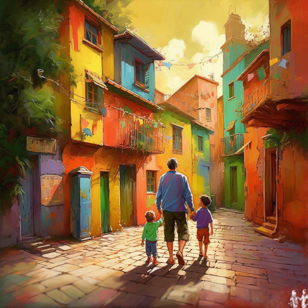 A colourful artistic rendering of a dad walking hand in hand with his two kids.