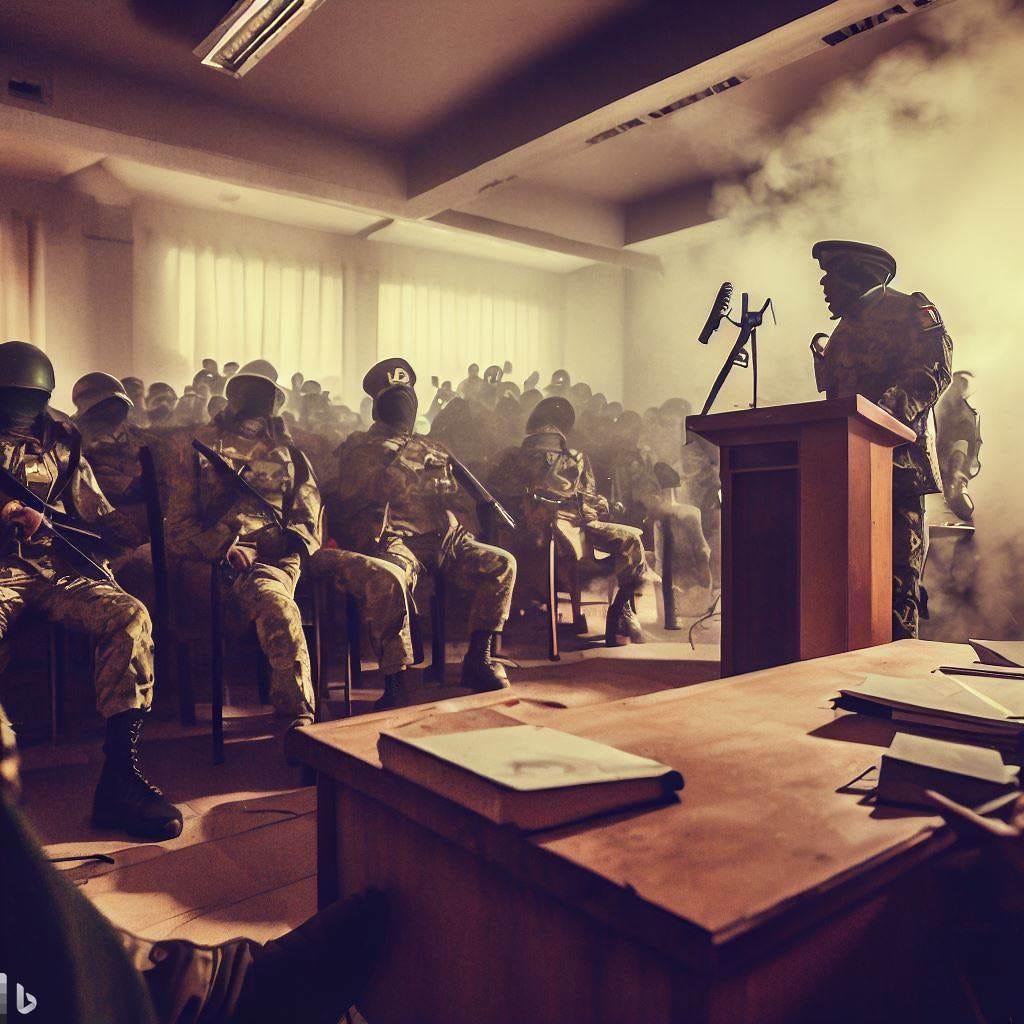 African military give a speech in an office after a coup.   dystopia