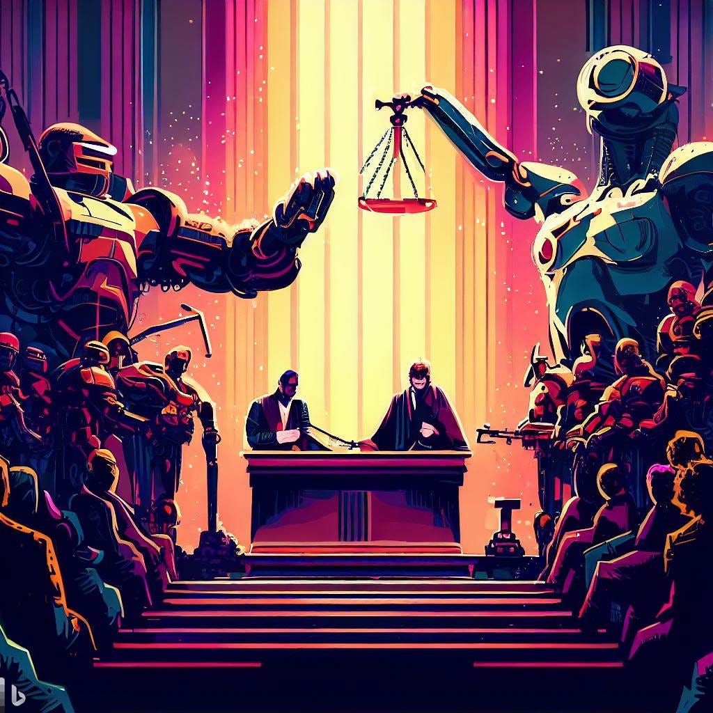 a robot and humans in a coutroom with a figure of justice in the judge's seat, epic scene, digital art, concept art, illustration, flat colors, vector art, colorful, drama 