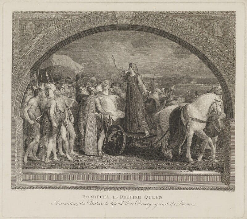 The Queen Boudicca stands atop a chariot being pulled by two white horses. She's surrounded by other Britons. The caption reads "Boadicea the British Queen animating the Britons to defend their Country against the Romans".
