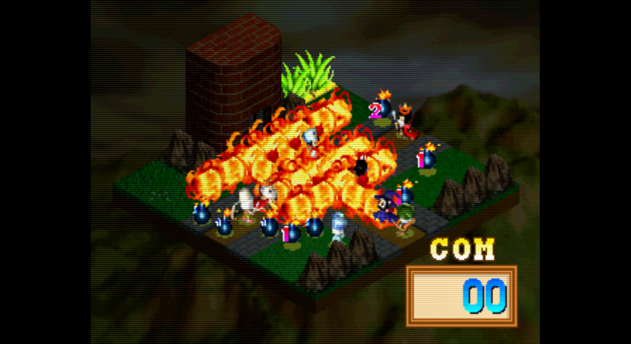 A screenshot from Bomberman Wars showing an explosive chain reaction of bombs that is taking up most of the screen's real estate, and there are still a whole bunch more bombs that'll blow up soon left behind, as well.