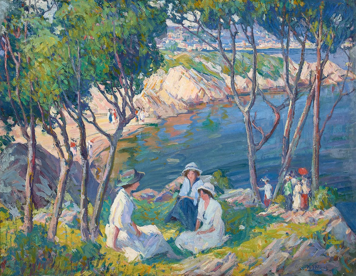 Oil painting of three women at the beach.