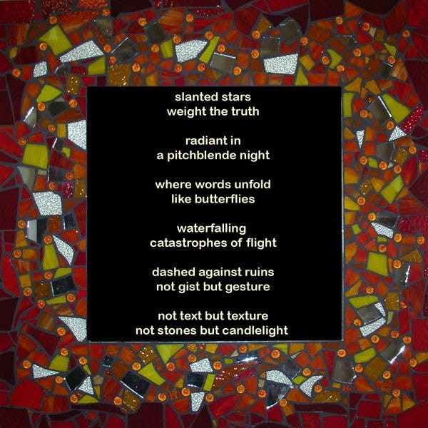 A mosaic tile with dark autumn colours by Helen Sword with the poem 'Inspiration' at the centre