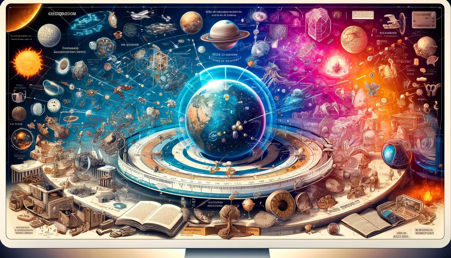 A wide digital illustration featuring a dynamic collage of educational and exploratory tools related to understanding the universe. The image includes a visual representation of ChronoZoom, showing timelines and historical events in a zoomable interface. Adjacent to it, depict 'Scale of the Universe' with comparative sizes of celestial bodies and everyday objects. Include 'Globe Explorer' showing a detailed, interactive 3D globe, and 'Tree of Life Explorer' illustrating a branching tree diagram representing various species. The style is vibrant, colorful, and engaging, designed to captivate and educate viewers.