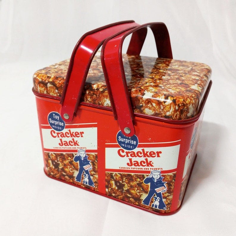 Cracker Jack Lunch Box Tin, Cracker Jacks Toy Inside Tin Folding Handles, Lidded Basket Cracker Jacks Tin, Cracker Jacks and Peanuts Cover image 1