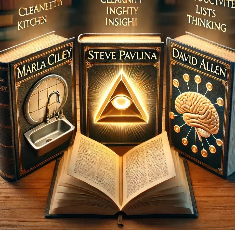 A refined and symbolic representation of the 'Productivity Triumvirate' of the early 2000s featuring Marla Cilley, Steve Pavlina, and David Allen. Three open books are arranged in a triangle on a wooden desk, each softly glowing. The left book for Marla Cilley features a shiny kitchen sink on its page, symbolizing cleanliness and FlyLady principles. The right book for Steve Pavlina showcases a glowing prism, symbolizing clarity, insight, and personal development. The bottom book for David Allen displays a glowing brain alongside organized lists and flowcharts, representing productivity and structured thinking. The scene is warmly lit with a focused, productive atmosphere.