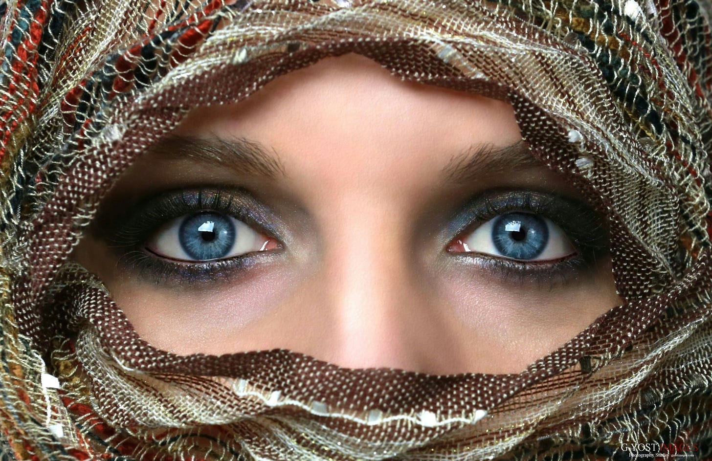 Blue eyes of a woman wearing a brown and black niqab.