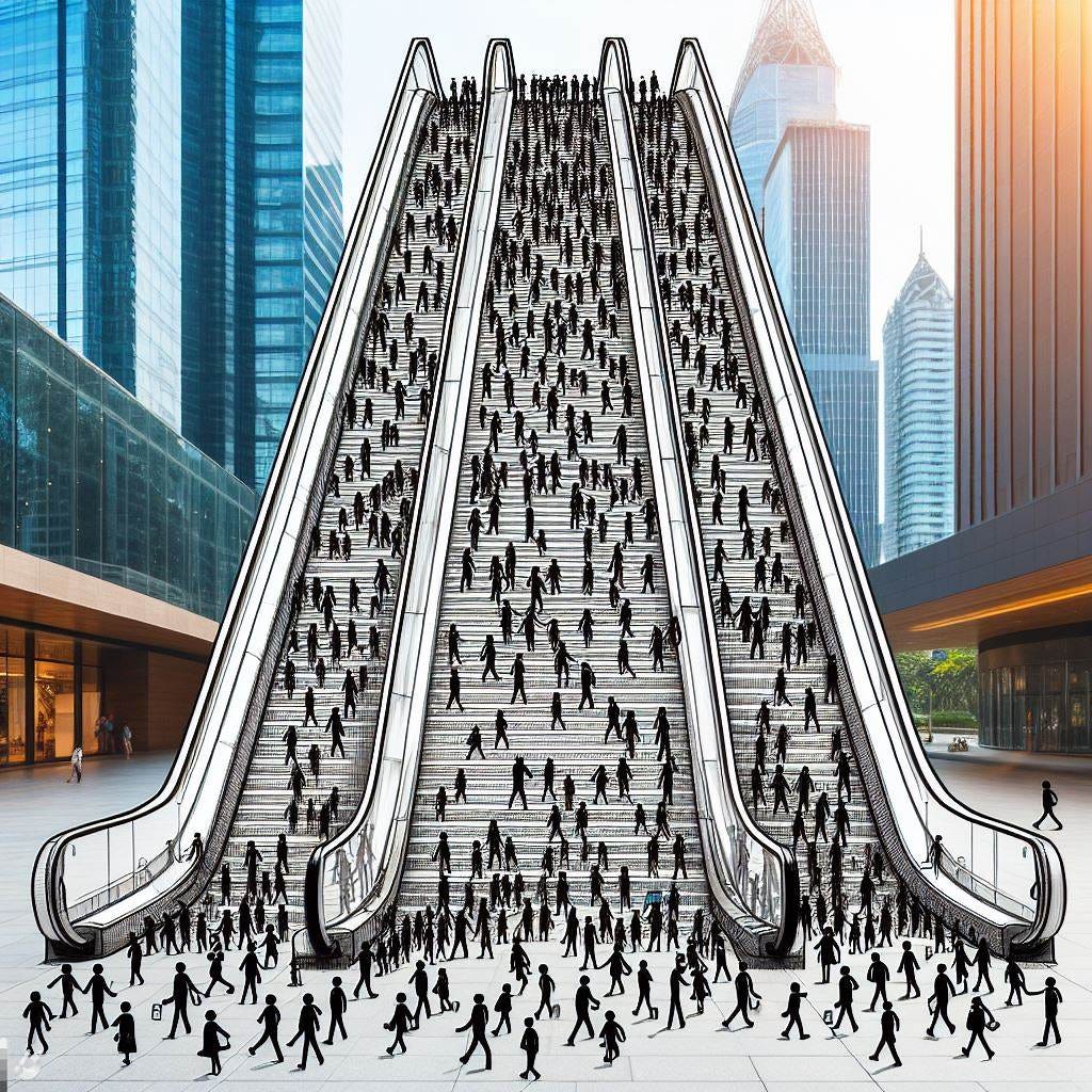 Picture an escalator in side view, ten stories high, out in the center of a busy citiscape. Hundreds are getting on at the bottom, riding the moving stairway to the top. And the top, each tiny stick figure falls into a growing heap of stick persons piling up at the bottom. 