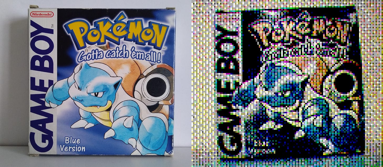 Photographs of my original copy of Pokémon Blue, with very different cameras! Left is my regular mobile phone camera, and on the right is my Game Boy Camera through colour lenses