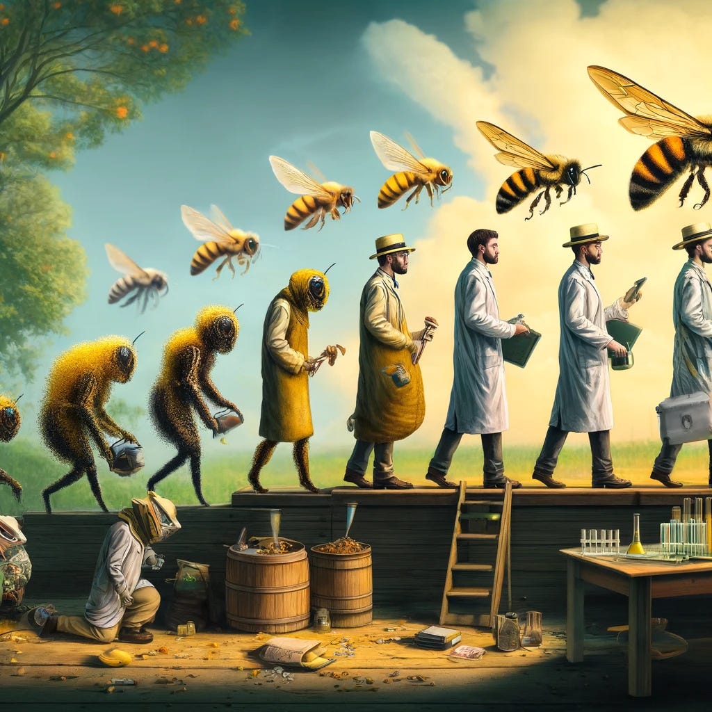 Illustrate the conceptual transition from bees to scientific pioneers. The image captures a surreal transformation where bees morph into human figures dressed as scientists. Starting from the left, bees in their natural form are depicted busy at work, gathering pollen. As the scene progresses to the right, these bees gradually take on human characteristics and attire, transitioning into figures in lab coats, holding tools like microscopes and test tubes. This metamorphosis symbolizes the evolution from natural pollinators to pioneers of scientific exploration and discovery. The background blends a natural environment with a scientific laboratory setting, enhancing the theme of transformation.