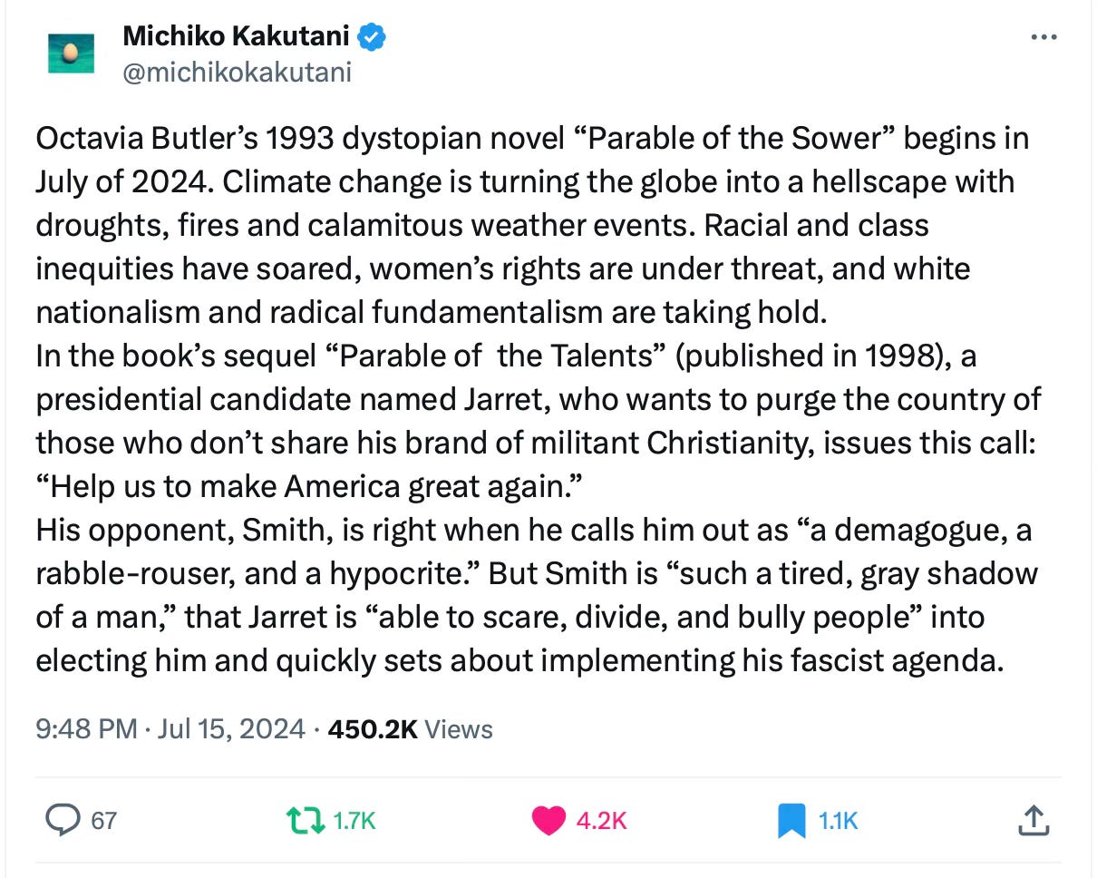 Michiko Kakutani tweet about Parable of the Sower