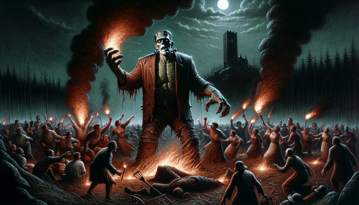 An intense night scene at the edge of a village, depicted in dark maroon and grey tones. The Creature, strongly reminiscent of classic Frankenstein, with greenish skin and a bolt in his neck, stands trapped in a clearing. It is surrounded by villagers with torches raised. The creature, in an expression of bewilderment and fear, not malice, extends a massive hand pleading for peace. Suddenly, a torch thrown by a villager ignites its ragged clothes. As it recoils and roars in pain, the fire spreads to the dry underbrush around. Chaos ensues as the fire engulfs the clearing and the Creature, fully aflame, rampages, inadvertently crushing fleeing villagers. The scene captures the horror and chaos of the moment under a moonlit sky.