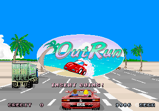 A screenshot of OutRun's demo/title screen, featuring the classic red Ferrari speeding down the highway while "Insert Coins" and the game's logo are on screen.