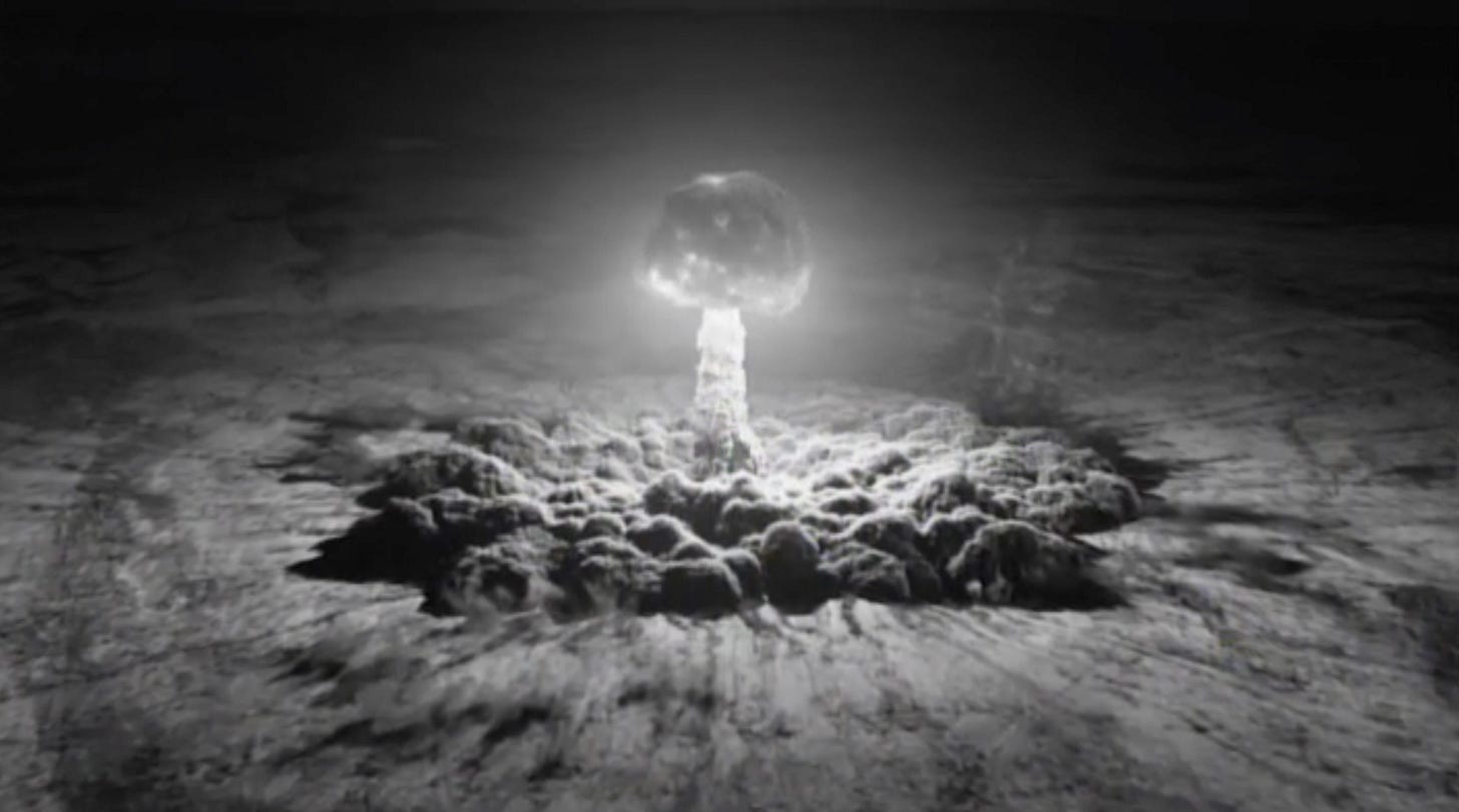 A black and white look at an A bomb exploding in a still from Twin Peaks: The Return