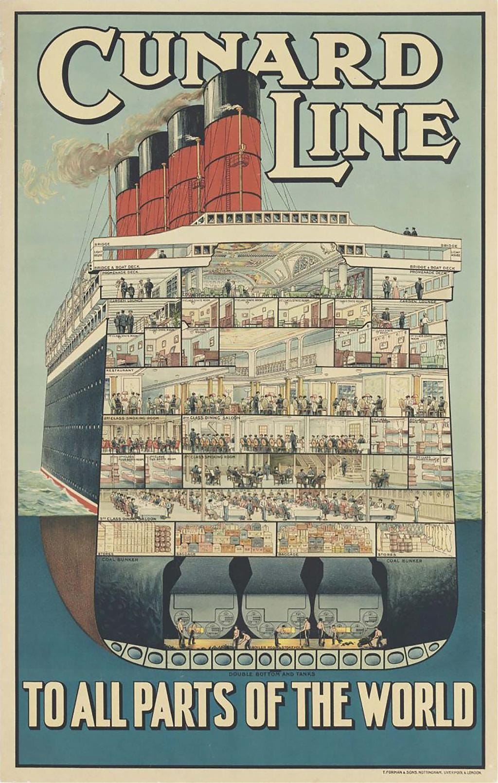 Location of coal bunkers on a Cunard ocean liner, ca. 1914