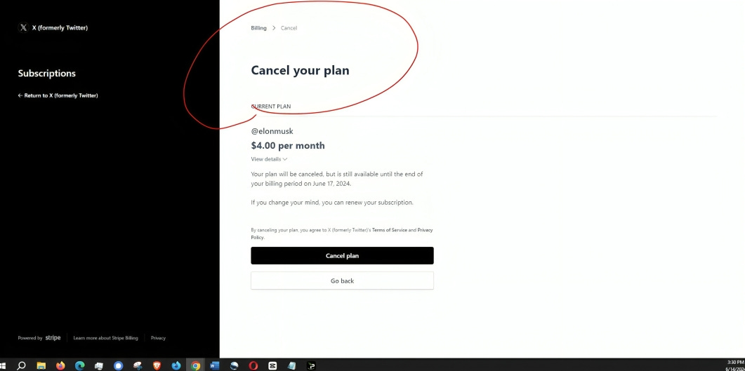 Screenshot of the user cancelling a $4 Elon Musk Subscription on X.com, expressing frustration over unrecognized account ownership and launching the 'Make Elon Aware Fund' to help address and fix underlying issues within the platform.