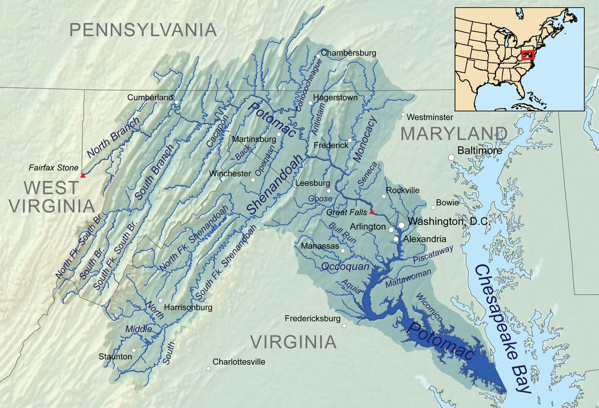 The Potomac River watershed covers the District of Columbia and parts of four states.