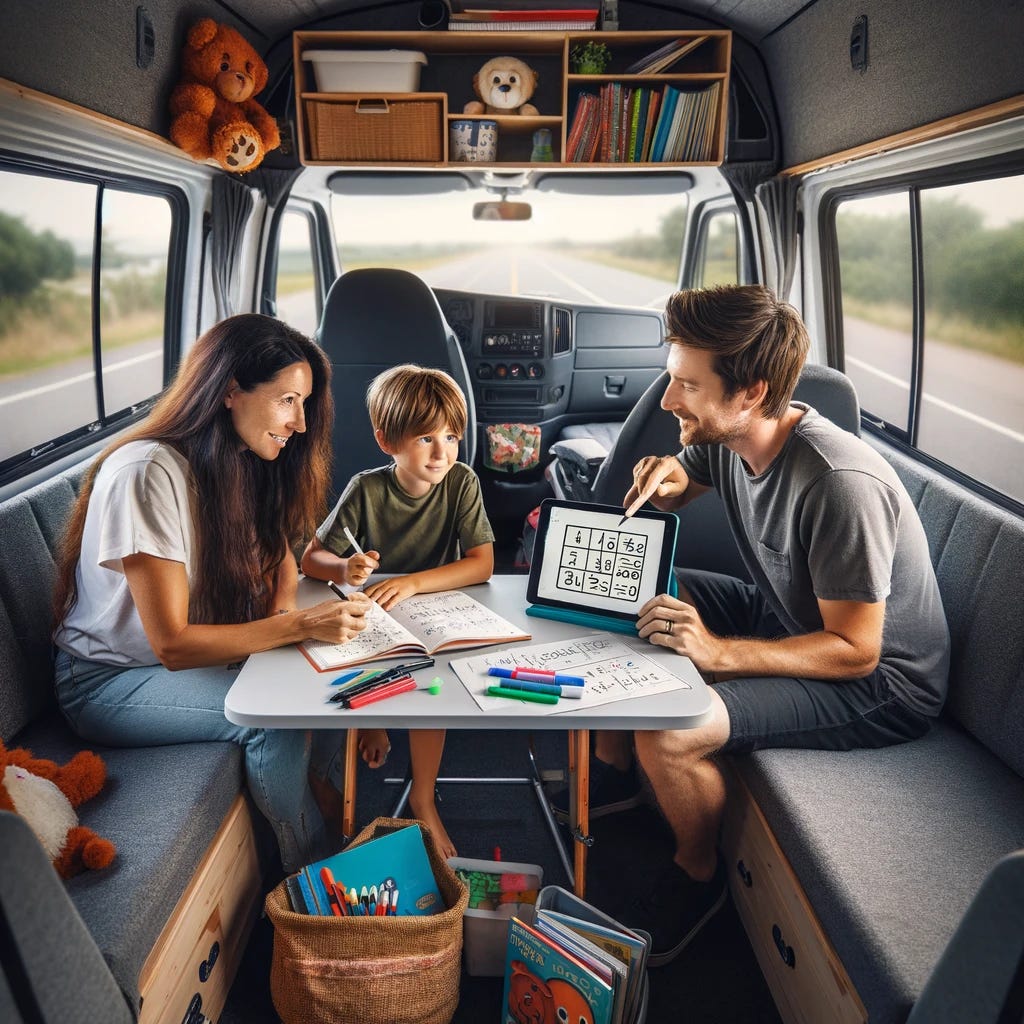 A unique scene of parents teaching math to their 8-year-old child inside a van, which has been creatively converted into a mobile learning space. The parents are sitting with their child around a small fold-out table, which is covered with math workbooks, a tablet displaying a math problem, and colorful markers. The child is engaged and listening attentively as one parent explains a concept, pointing to the tablet, while the other parent encourages with a reassuring smile. The van is equipped with shelves for books and supplies, and the windows let in natural light, creating a warm and focused environment. This image captures the essence of a family making the most of their time together on the road, combining travel with education in an imaginative, supportive setting.