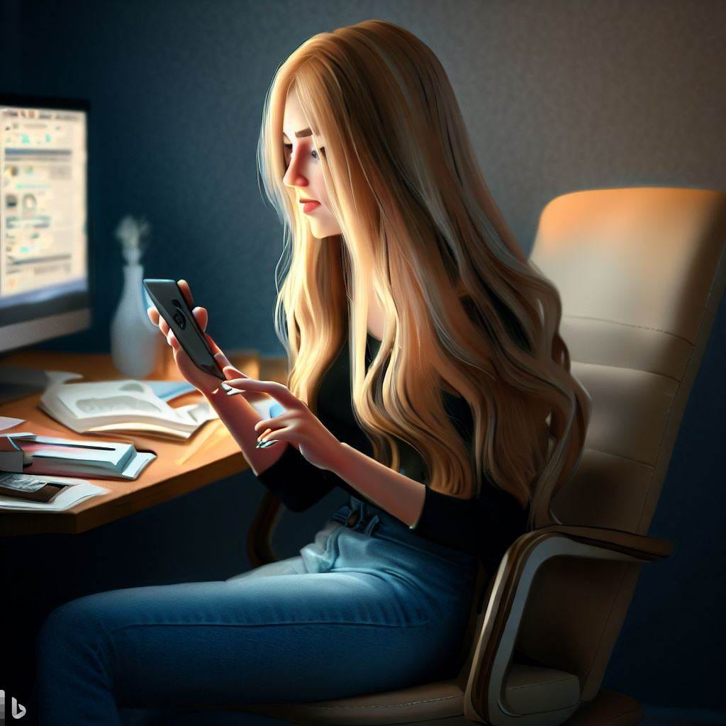 a photorealistic image of a girl with long blonde hair, immersed in social media in her phone and in her computer, sitting in a chair near her desk.