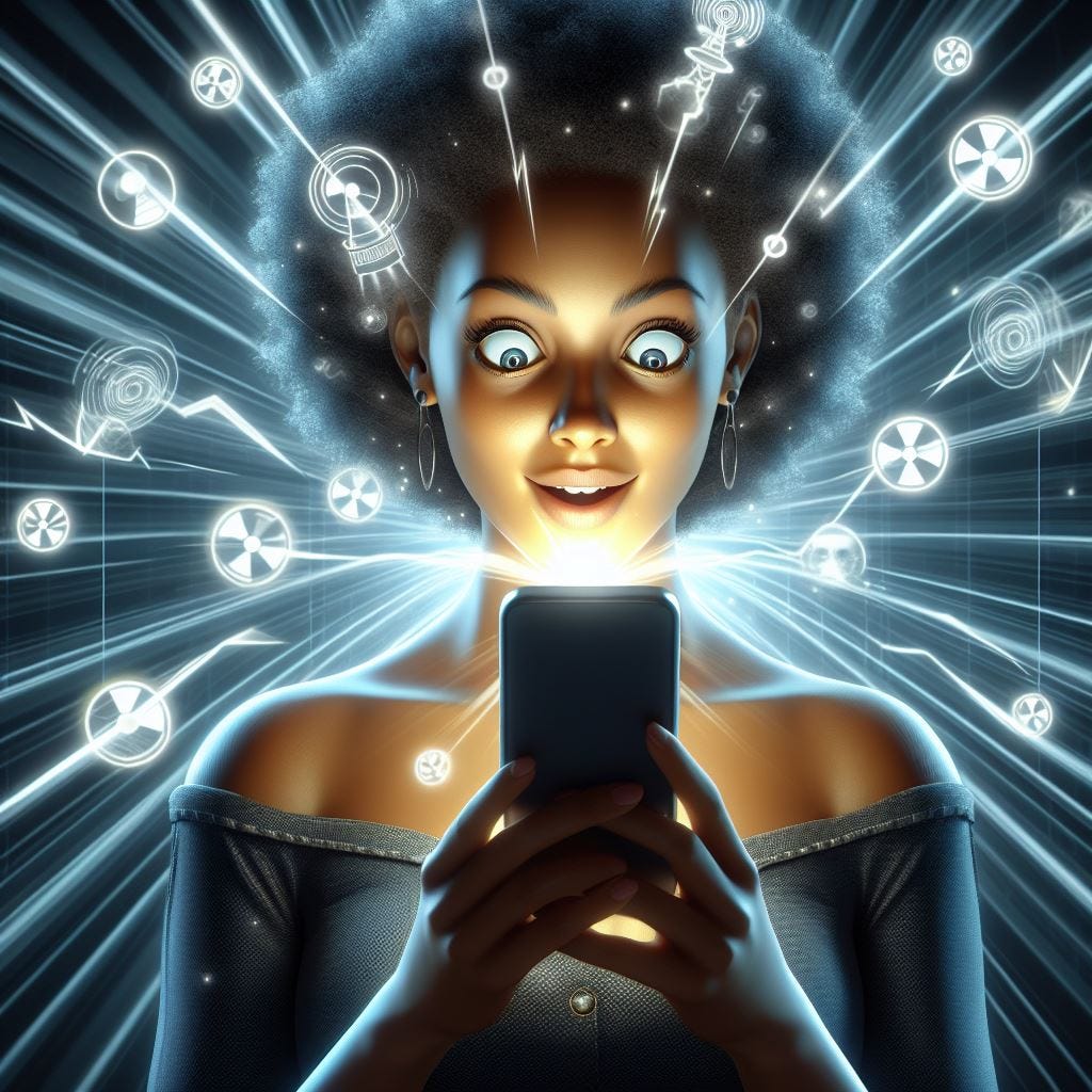 An image of a person holding a cell phone and while the person looks amazed, we can see how the cell phone is providing lots of entertainment but also emitting radiation as well.