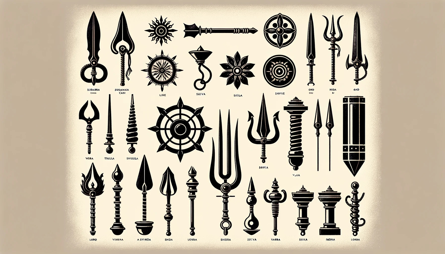 A military manual style illustration displaying various ancient mythological weapons in a straightforward, unembellished format. The image includes weapons like the Sudarshana Chakra of Lord Vishnu, Trishula of Lord Shiva, Vajra of Lord Indra, and others, each depicted in a simple, utilitarian design typical of modern military manuals. The weapons are labeled clearly and presented with a focus on functionality and technical details, devoid of any ornate or decorative elements.