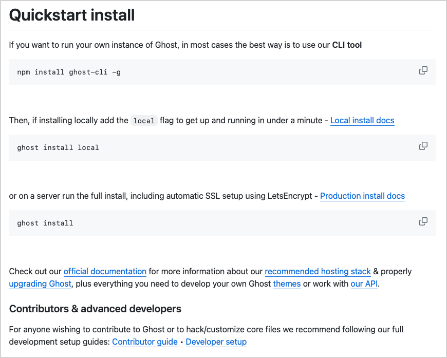 "Quickstart install" instructions for running your own instance of Ghost.