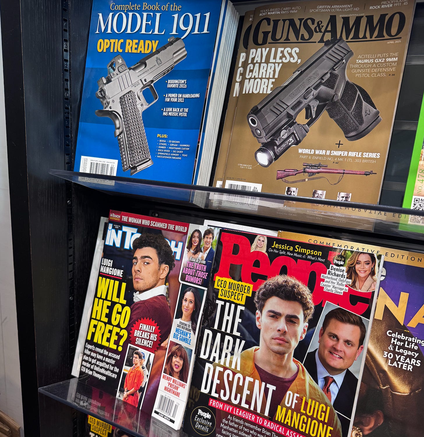 Guns magazines and People magazine with Luigi on the cover.