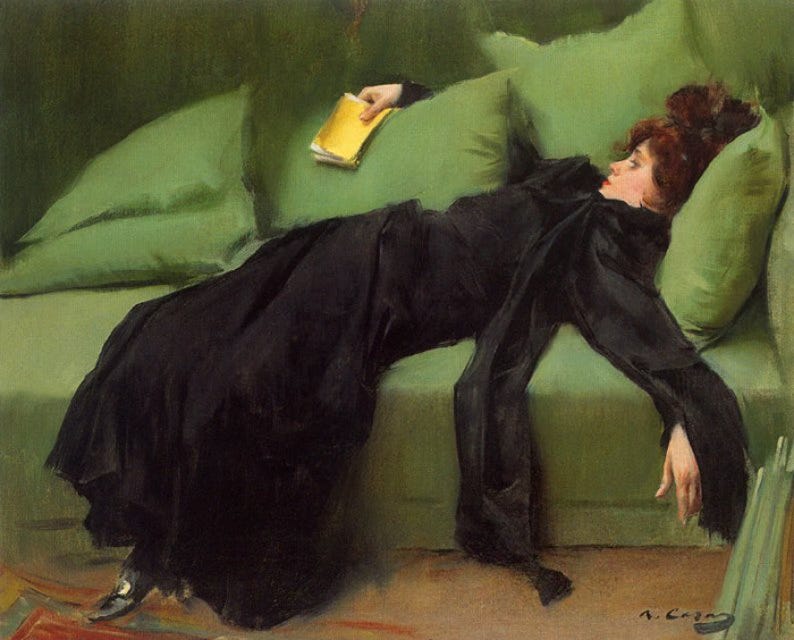 The painting ‘Jove Decadent’ by Roman Casas, which features are woman lying flat on a green couch looking exhausted with a book next to her