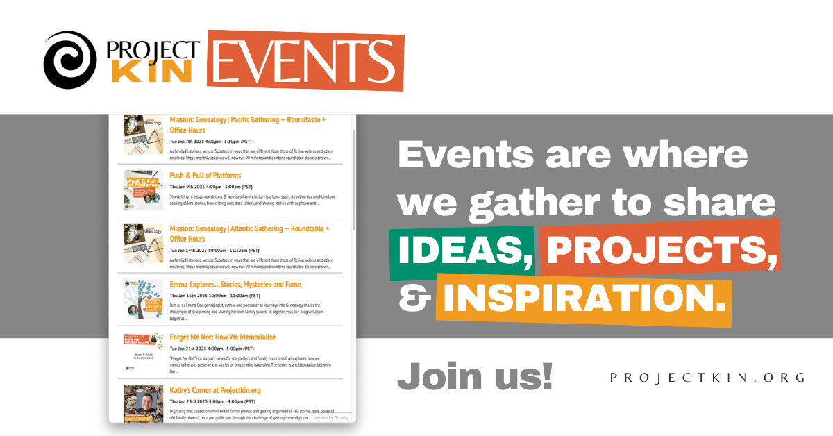 Screenshot from the Projectkin.org/events website. Reads "Events are where we gather to share ideas, projects, and inspiration. Join us, Projectkin.org"